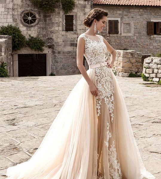 champagne lace beach wedding dresses overskirt detachable train applique sheer sheer skirt mermaid wedding dresses plus size bridal gowns, White
champagne lace beach wedding dresses overskirt detachable train applique sheer sheer skirt mermaid wedding dresses plus size bridal gowns, White