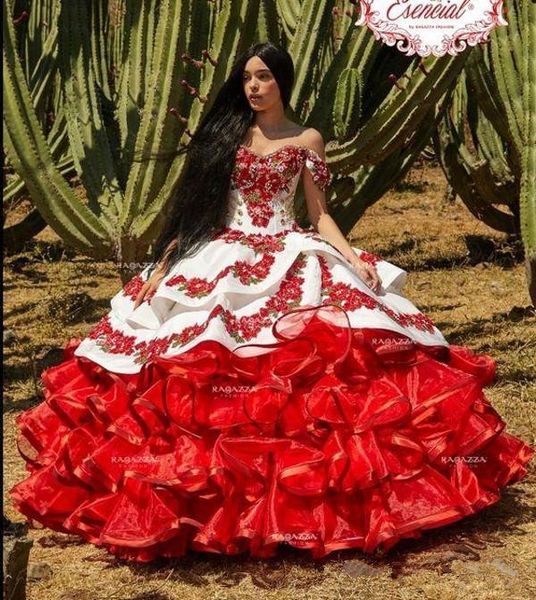 ruffled floral charro quinceanera dresses 2020 off shoulder puffy skirt lace embroidery princess sweet 16 girls boll gown prom dress, Blue;red 
ruffled floral charro quinceanera dresses 2020 off shoulder puffy skirt lace embroidery princess sweet 16 girls boll gown prom dress, Blue;red