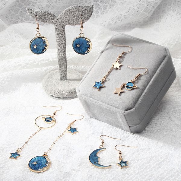 fashion korean romantic girls blue heart star moon long asymmetric dangle drop earrings variety personality cute jewelry, Silver