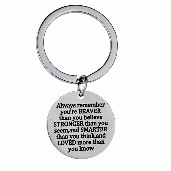 

12pc/lot inspirational gifts always remember you are braver than you believe stronger key ring stainless steel keychain jewelry, Slivery;golden