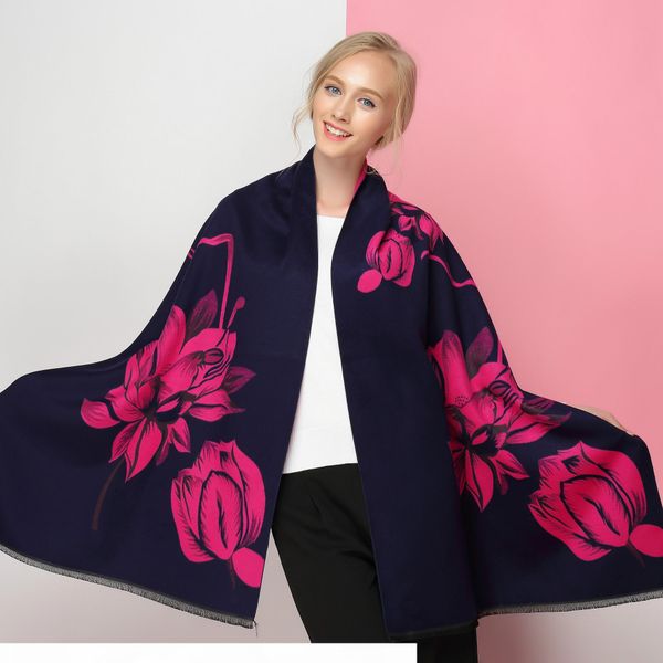 2019 new classic lotus flowers dual-sided cashmere scarves air conditioning shawl female thick warm woman, Blue;gray