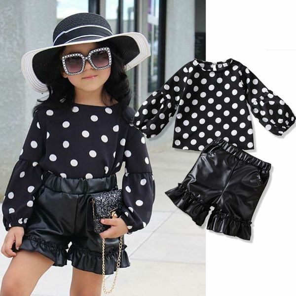 children's clothes sweet newborn baby girl kids polka dots shirt black bouse +short leather shorts outfit 2pcs set clothing, White
children's clothes sweet newborn baby girl kids polka dots shirt black bouse +short leather shorts outfit 2pcs set clothing, White