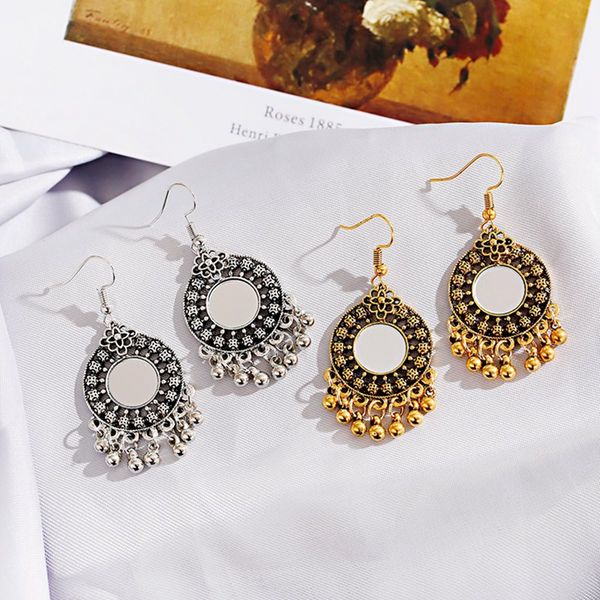 ethnic mirror round hollow drop dangle jhumka earrings for women gypsy jewelry boho vintage bell tassel earring oorbellen, Silver 
ethnic mirror round hollow drop dangle jhumka earrings for women gypsy jewelry boho vintage bell tassel earring oorbellen, Silver