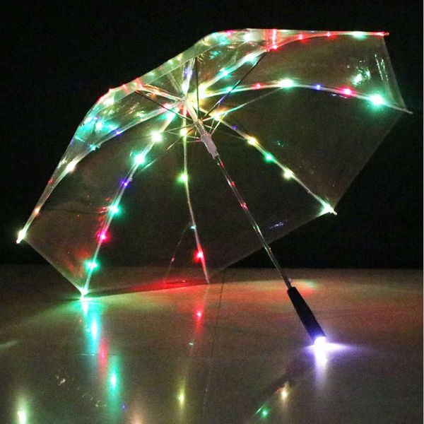 

led clear зонт 7 цветов poe luminous прозрачный купол зонтики дождь свадьба декор фонарик зонтики с длинной ручкой