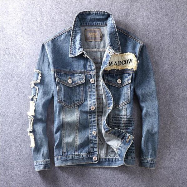 european american high street fashion men jacket patch design blue color destroyed ripped coat hip hop style denim jacket men, Black;brown
european american high street fashion men jacket patch design blue color destroyed ripped coat hip hop style denim jacket men, Black;brown