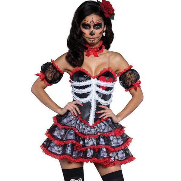 

halloween ghost bride costume horror skeleton corpse bride cosplay dress skull female zombie scary day of the dead clothing, Black;red