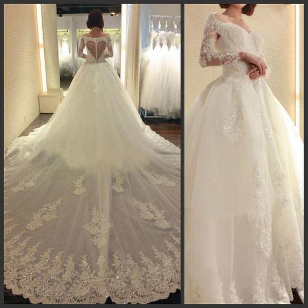 new fashion lace wedding dresses capped off shoulder long sleeves women ball gowns wedding dresses sweep train tulle wedding dresses, White 
new fashion lace wedding dresses capped off shoulder long sleeves women ball gowns wedding dresses sweep train tulle wedding dresses, White
