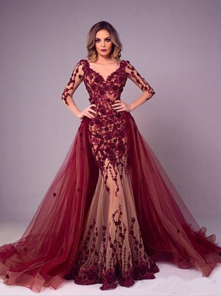 tony chaaya 2020 evening dresses with detachable train burgundy lace applique mermaid prom gowns plus size long sleeve luxury party dress, Black
tony chaaya 2020 evening dresses with detachable train burgundy lace applique mermaid prom gowns plus size long sleeve luxury party dress, Black