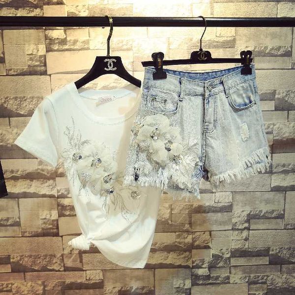 summer new fashion girls' fashion 3d flowers short sleeve t-shirt + denim shorts twopiece women tassel hole jeans sets, White
summer new fashion girls' fashion 3d flowers short sleeve t-shirt + denim shorts twopiece women tassel hole jeans sets, White