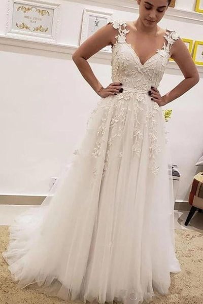 charming wedding dresses deep v-neck appliques illusion a line sweep train church castle bridal gowns gorgeous chapel vestidoe de noiv, White
charming wedding dresses deep v-neck appliques illusion a line sweep train church castle bridal gowns gorgeous chapel vestidoe de noiv, White