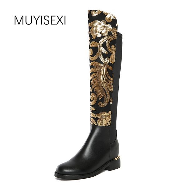muyisexi women genuine leather+stretch fabric with bling embroidery flat height increase winter knee high boots 34-42 bld01, Black
muyisexi women genuine leather+stretch fabric with bling embroidery flat height increase winter knee high boots 34-42 bld01, Black