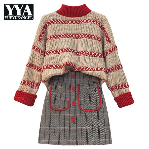 women turtleneck striped knitted sweater two piece set casual ensemble femme buttons mini plaid skirt outfits matching suits, White
women turtleneck striped knitted sweater two piece set casual ensemble femme buttons mini plaid skirt outfits matching suits, White
