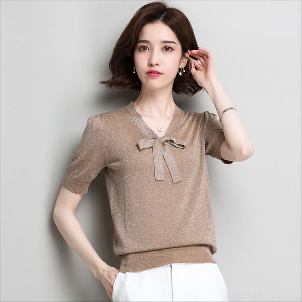2019 age-reducing lace-up women's v-neck pure color ice silk t-shirt women's loose short-sleeved bright silk knitted t-shirt lace, White
2019 age-reducing lace-up women's v-neck pure color ice silk t-shirt women's loose short-sleeved bright silk knitted t-shirt lace, White