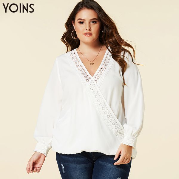 

yoins elegant crossed front v-neck elastic sleeve blouse women vintage lace shirt casual ladies chic blusas plus size, White