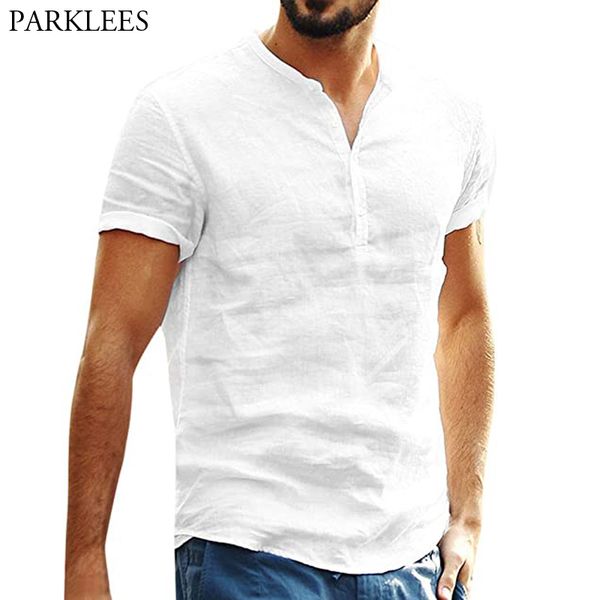 white short sleeve cotton linen shirt men 2020 summer brand casual henley blouse lightweight breathable beach shirt for men, White;black
white short sleeve cotton linen shirt men 2020 summer brand casual henley blouse lightweight breathable beach shirt for men, White;black