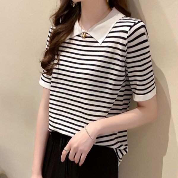short-sleeved ice silk sweater thin 2020 summer women's ins fashion striped t-shirt t-shirt dress dress women's top, White
short-sleeved ice silk sweater thin 2020 summer women's ins fashion striped t-shirt t-shirt dress dress women's top, White