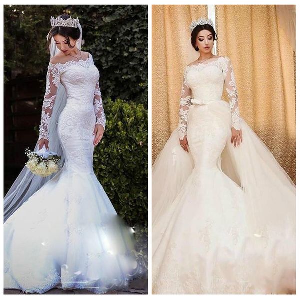 mermaid lace appliques slim long wedding dresses 2019 modest with detachable train bridal gowns modest tulle formal vestidos de marriage, White
mermaid lace appliques slim long wedding dresses 2019 modest with detachable train bridal gowns modest tulle formal vestidos de marriage, White