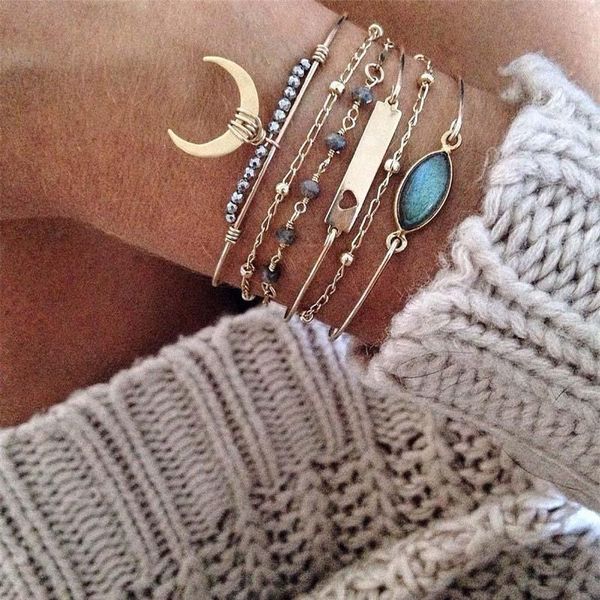 women bracelets elliptical blue crystal heart openwork beads moon gold bracelet set bohemian dance party jewelry accessories, Black
women bracelets elliptical blue crystal heart openwork beads moon gold bracelet set bohemian dance party jewelry accessories, Black