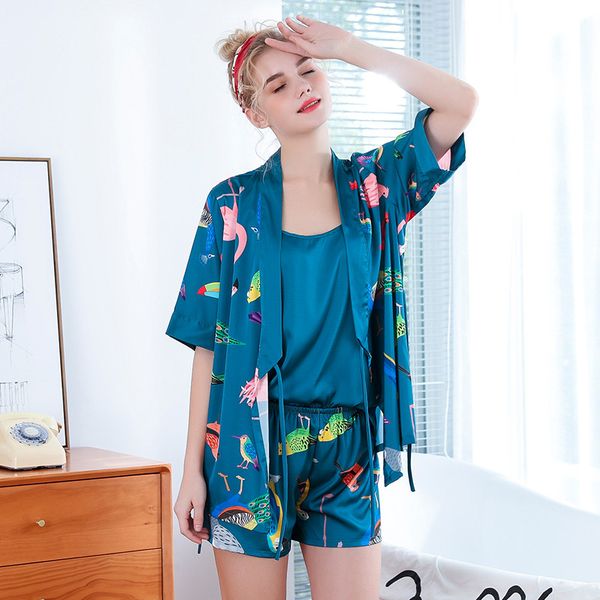 july's song 3 pieces woman spring pajamas set lace sling satin faux silk embroidery sleep lounge pyjama with chest pads, Blue;gray
july's song 3 pieces woman spring pajamas set lace sling satin faux silk embroidery sleep lounge pyjama with chest pads, Blue;gray