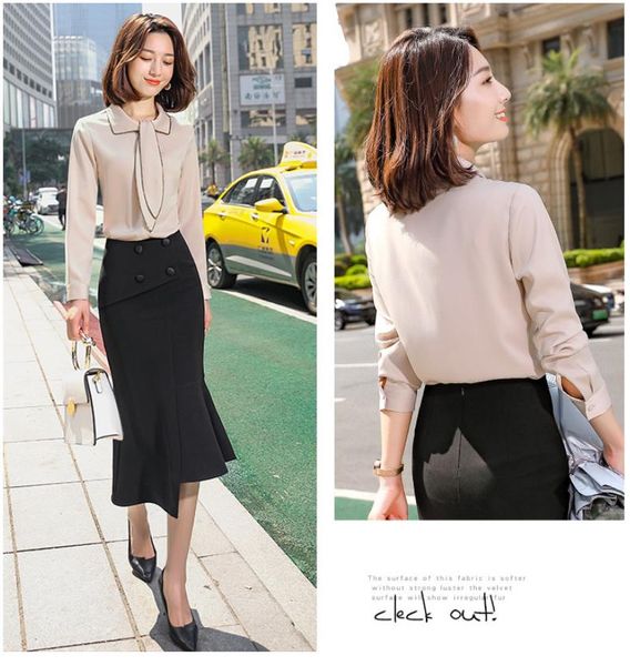 women's two piece sets dress shirt black skirt tie shirt women's spring and autumn long sleeve made in china suit, White
women's two piece sets dress shirt black skirt tie shirt women's spring and autumn long sleeve made in china suit, White