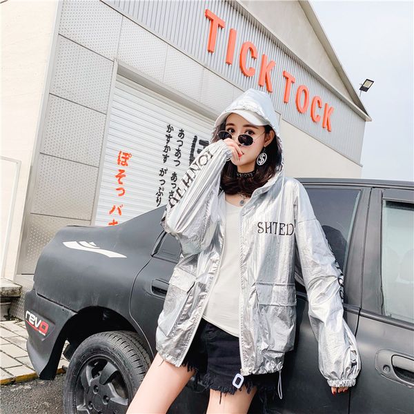 wt5232 women korean chic letter print with hooded laser thin jacket summer cool sunscreen jackets, Black;brown
wt5232 women korean chic letter print with hooded laser thin jacket summer cool sunscreen jackets, Black;brown