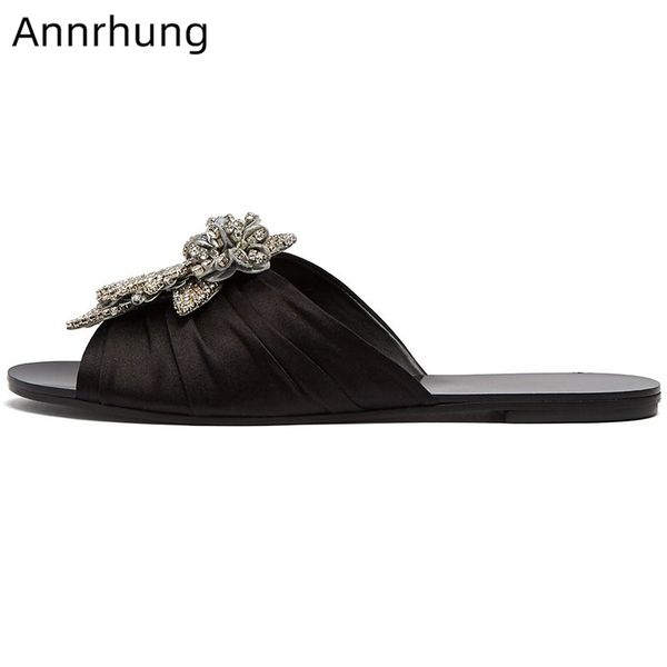 pleated satin flat slippers women open toe outwear mules jeweled crystal flower decor summer shoes woman, Black
pleated satin flat slippers women open toe outwear mules jeweled crystal flower decor summer shoes woman, Black