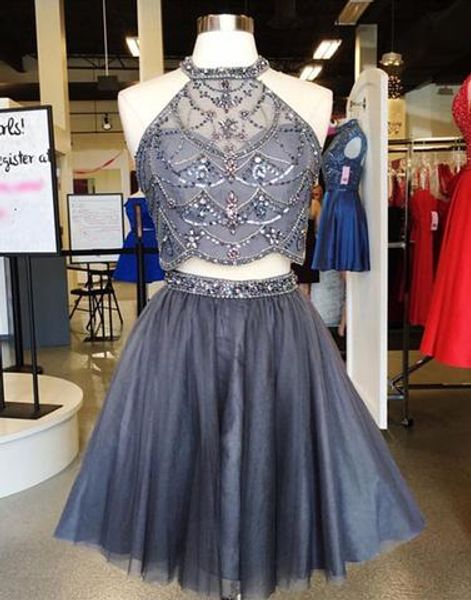 gray two pieces cocktail prom dresses halter short bling crystal tulle bottom a line homecoming graduation party dress beaded, Black
gray two pieces cocktail prom dresses halter short bling crystal tulle bottom a line homecoming graduation party dress beaded, Black