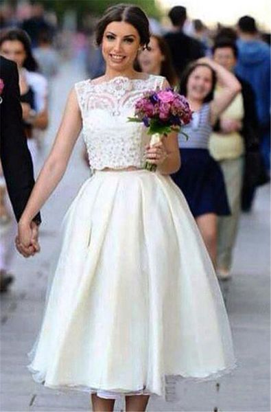 tea length two piece beach wedding dresses 2019 a line lace applique boat neck simple bridal gowns modern bride dress short wedding gowns, White