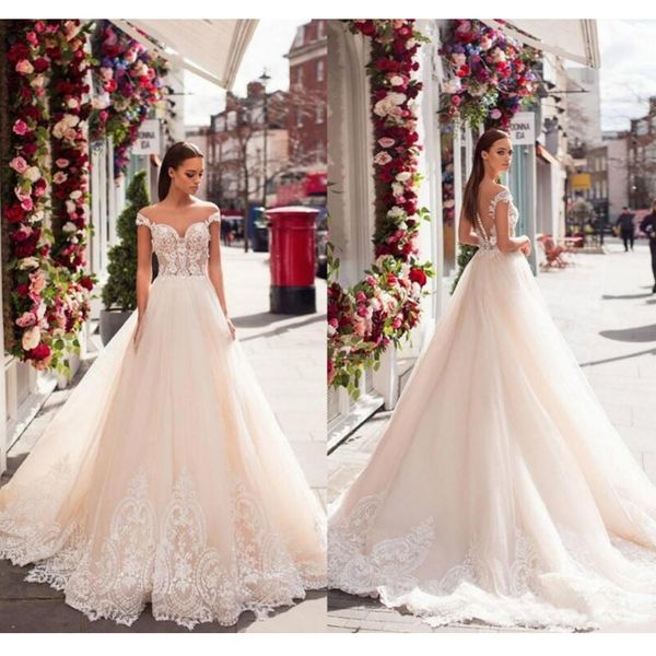 2019 light champagne capped sleeves lace wedding dresses off shoulders lace appliques bridal gowns sheer back with covered button, White
2019 light champagne capped sleeves lace wedding dresses off shoulders lace appliques bridal gowns sheer back with covered button, White