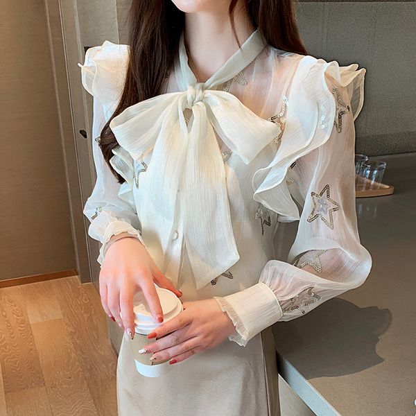 womens bow sequins chiffon shirt fashion ol shirt spring autumn ruffles blouse sweet girl shirt, White