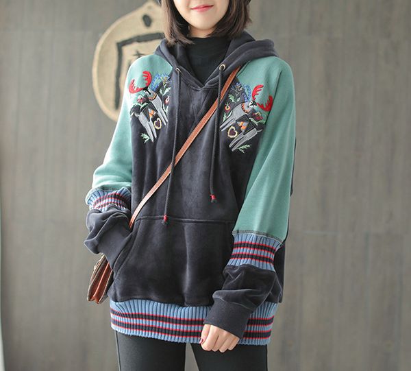 women's hoodie embroidered velvet hooded pullover cartoon casual loose pocket female hoodies, Black
women's hoodie embroidered velvet hooded pullover cartoon casual loose pocket female hoodies, Black