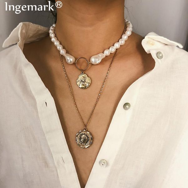 ingemark multilayer white imitation pearl choker necklace korean personality carved coin queen pendant long chain necklace women, Silver
ingemark multilayer white imitation pearl choker necklace korean personality carved coin queen pendant long chain necklace women, Silver