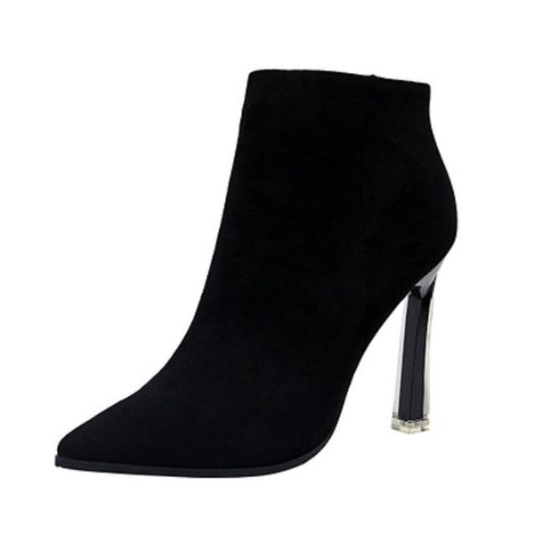 short boots with clear crystal and ultra high heel suede nightclub slim pointed simple boots, Black
short boots with clear crystal and ultra high heel suede nightclub slim pointed simple boots, Black