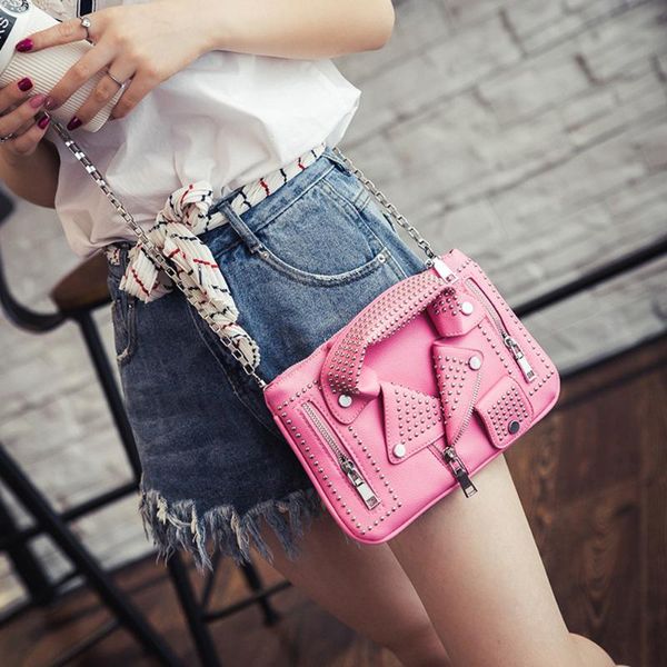 new chain motorcycle bags women clothing shoulder rivet bags messenger bag women pu leather handbags crossbody for