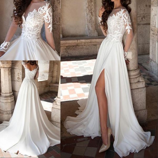 classic lace wedding dresses sheer neck long sleeve side split wedding gowns sweep train long chiffon bridal dress, White
classic lace wedding dresses sheer neck long sleeve side split wedding gowns sweep train long chiffon bridal dress, White