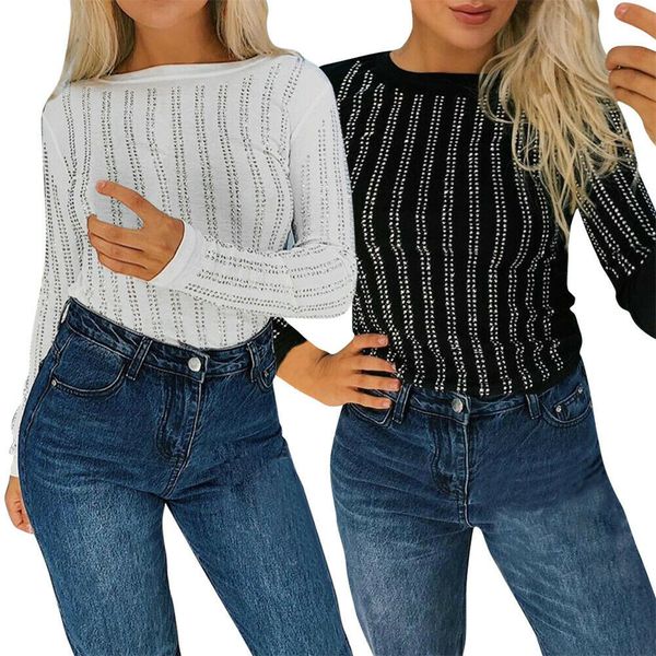 women's long sleeve striped tshirt beading glitter clubwear casual t-shirt, White