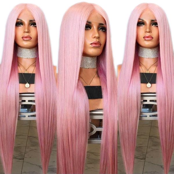 

Deep Part Pink Color Full Lace Hair Wig Pre Plucked with Baby Hair 613 Blonde /black/blue Synthetic Straight Lace Front Wig for Women, Pink color like picture show