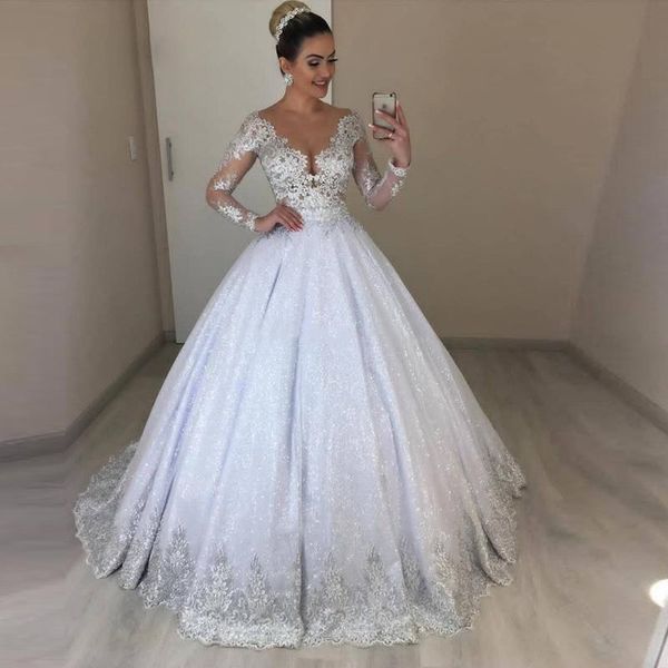 bling sequined a line wedding dresses lace appliques puffy skirt bridal dress jewel neck long sleeve church wedding gown, White
bling sequined a line wedding dresses lace appliques puffy skirt bridal dress jewel neck long sleeve church wedding gown, White
