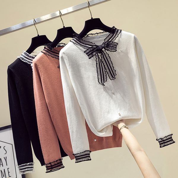 women's knitted sweaters pullovers patchwork mesh bow neck girls buttons soft knitting shirts for female 2019 winter, White;black
women's knitted sweaters pullovers patchwork mesh bow neck girls buttons soft knitting shirts for female 2019 winter, White;black