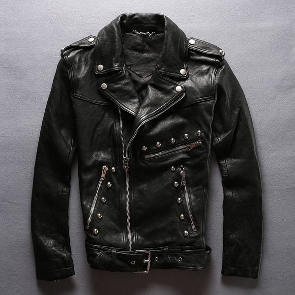 fashion rivet slim fit leather motorcycle jacket men tight style black sheepskin moto biker jacket for men punk leather coat
fashion rivet slim fit leather motorcycle jacket men tight style black sheepskin moto biker jacket for men punk leather coat