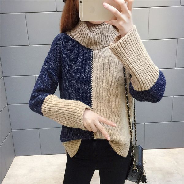 2019 autumn and winter sweater women's turn down collar patchwork pullover jacket girls lazy wind loose bottoming knit sweater, White;black
2019 autumn and winter sweater women's turn down collar patchwork pullover jacket girls lazy wind loose bottoming knit sweater, White;black