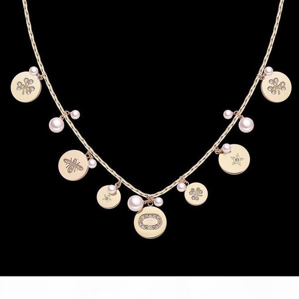europe america fashion style lady 316l titanium steel d letter 18k plated gold necklaces with tassels pearl multiple round diamond pendants