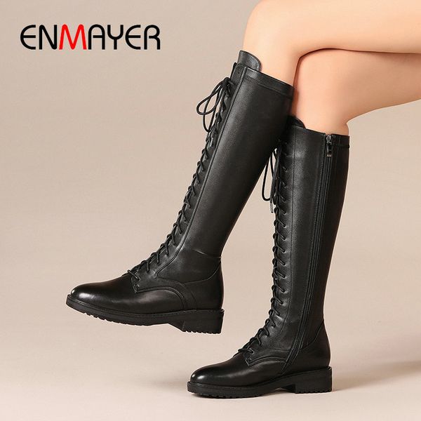 enmayer 2019 genuine leather motorcycle boots lace-up knee-high women boots round toe square heel women shoes size 34-42, Black 
enmayer 2019 genuine leather motorcycle boots lace-up knee-high women boots round toe square heel women shoes size 34-42, Black
