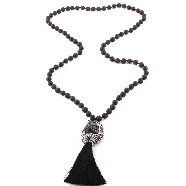 fashion bohemian jewelry lava stone knotted stone natural druzy & tassel pendant necklace for women ethnic necklace, Silver 
fashion bohemian jewelry lava stone knotted stone natural druzy & tassel pendant necklace for women ethnic necklace, Silver