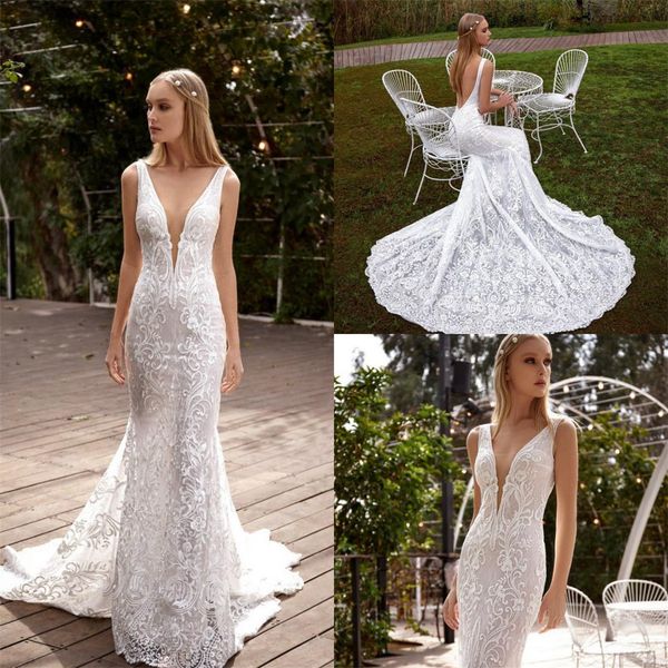 2020 julie vino mermaid wedding dresses lace appliqued deep v neck backless wedding dress sweep train custom made summer robes de mariée, White
2020 julie vino mermaid wedding dresses lace appliqued deep v neck backless wedding dress sweep train custom made summer robes de mariée, White