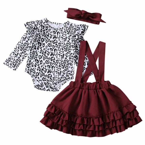 

3pcs set newborn toddler baby girl clothes leopard long sleeve romper ruffled bib dress headband outfit set, White