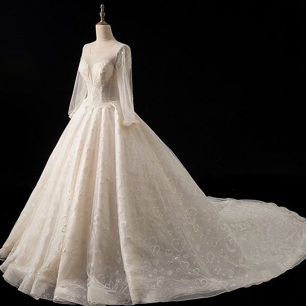 charming jewel neck wedding ball gown beaded and lace applique wedding dresses long sleeves with court train lace up winter wedding dress, White
charming jewel neck wedding ball gown beaded and lace applique wedding dresses long sleeves with court train lace up winter wedding dress, White