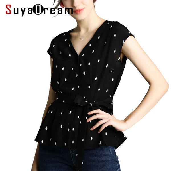 women blouse 100% real silk crepe dots printed blouse black sleeveless shirt 2019 spring summer belted shirt, White
women blouse 100% real silk crepe dots printed blouse black sleeveless shirt 2019 spring summer belted shirt, White