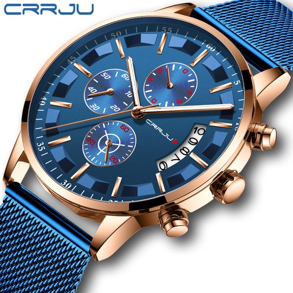 2019 Mens Stylish Watches Crrju Brand Blue Military Waterproof Sports Watch Men's Casual Mesh Strap Quartz Clock Reloj Hombre
