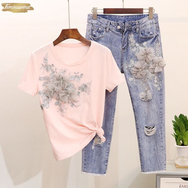 two women piece pants 3d flower t shirts jeans sets tshirts embroidery appliques jeans pants costumes suits, White
two women piece pants 3d flower t shirts jeans sets tshirts embroidery appliques jeans pants costumes suits, White